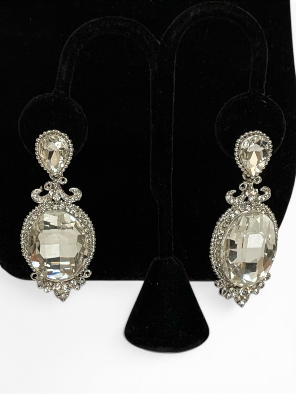 Silver Tone Rhinestone Statement Drop Earrings Clear Faceted Crystal Bridal Glam
